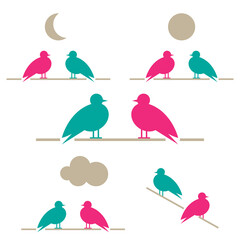 Two birds sitting on branch, couple of pigeons on the wire, color isolated on white background, vector illustration.