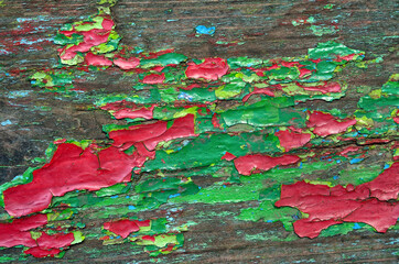 Texture of old, cracked, colorful paint on wood