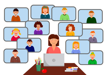 Internet class. Teacher and children - distance learning. Vector illustration. Online education flat illustration.