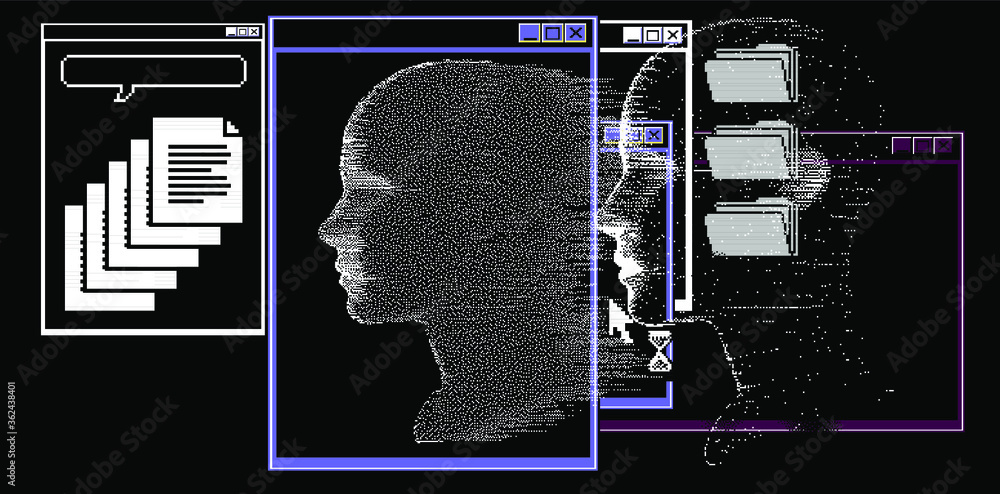 Poster Retrofuturistic poster with human head silhouette and user interface elements. Cover for Artificial Intelligence and Neural Network subjects.