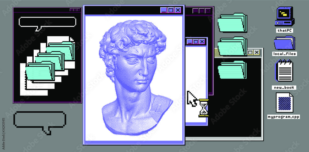 Poster classical bust sculpture with user interface elements. 3d rendering of michelangelo's david head in 