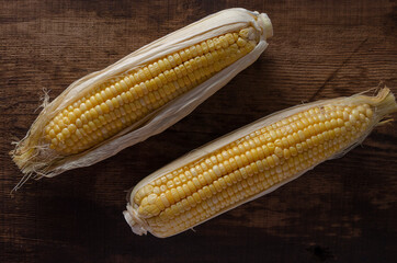 Fresh corn on cobs on rustic wooden table