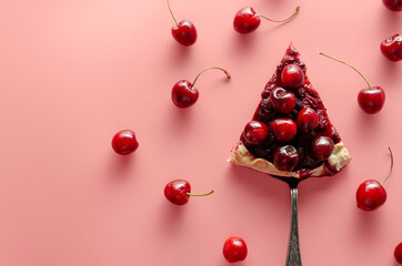 Tasty cherry pie on pink background with fresh