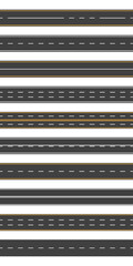 Straight asphalt road. Seamless horizontal highway. Street in city for car. Path with two lanes and yellow, white lines. Black track for traffic of transport. Roadway and speedway concept. Vector