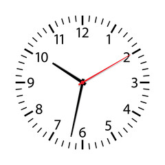 Clock face isolated on white background. Simple watch icon. Modern round dial with arrows on wall. Symbol of time. Timer in office. Black outline clock alarm with hour, minute, second. Vector