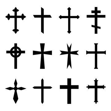 Christian cross. Crucifix icon. Black catholic symbol. Gothic religious silhouette for church of Jesus. Set of orthodox crosses on white background. Logo of faith, holy, resurrection. Vector