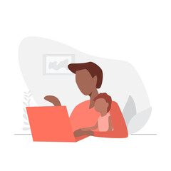 Woman working on laptop at home with her baby
