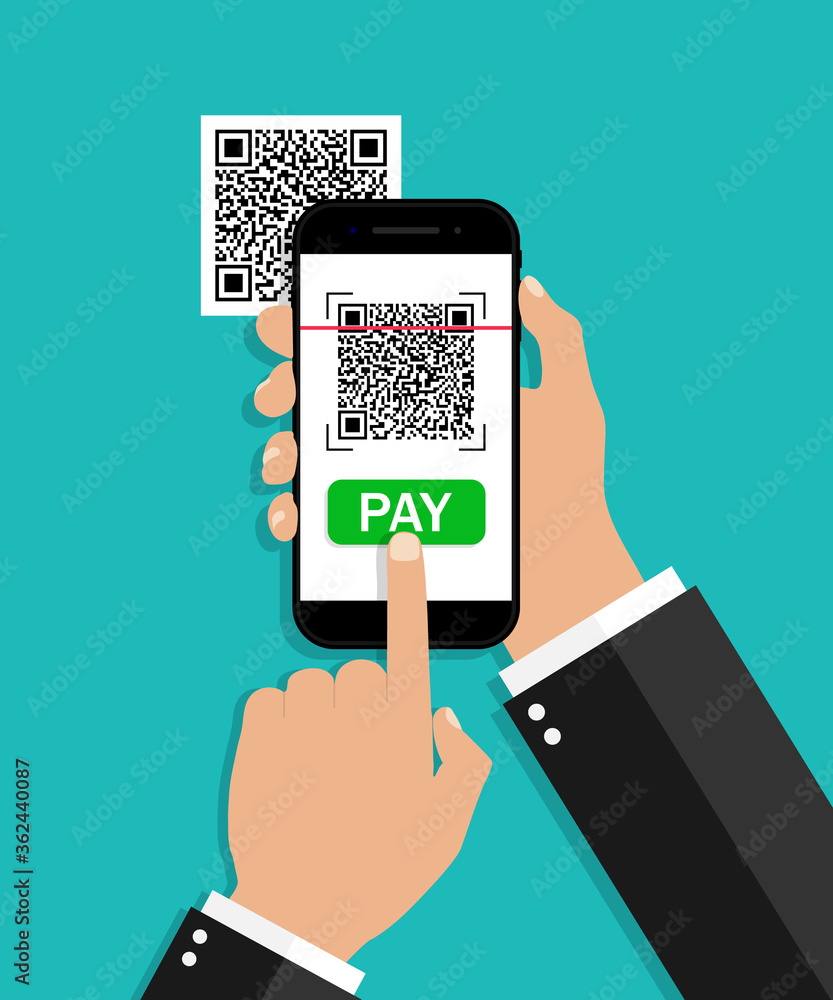 Poster qr code scan from mobile. payment from phone. smartphone with scanner and reader barcode. receipt fo
