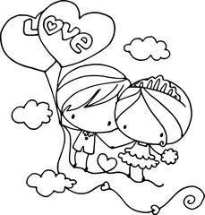 cartoon boy and girl holding balloons