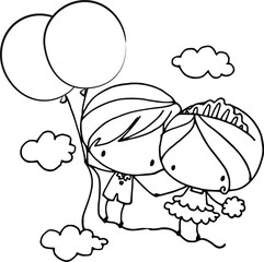cartoon boy and girl holding balloons