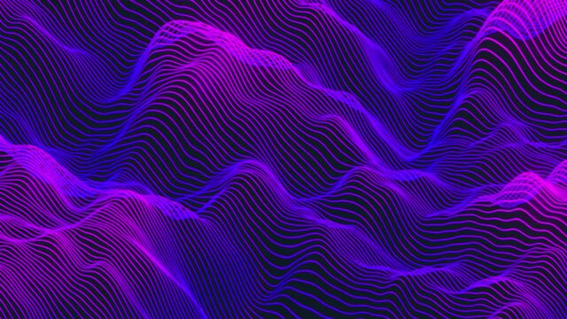Abstract wavy striped neon background. Ultraviolet neon curved wavy lines flow in space. Calm Movement of Illuminated liquid shape. 4K seamless looped 3D animation.