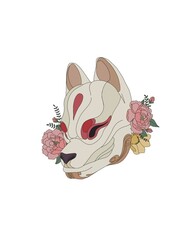 Kitsune Mask Illustration with Three Peonies, Red and White Japanese Mask with Pink and Yellow Flowers