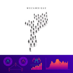 Mozambique people map. Detailed vector silhouette. Mixed crowd of men and women. Population infographic elements