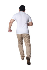 Fototapeta premium Full length portrait of Asian man wearing white shirt and khaki jeans standing running, rear view