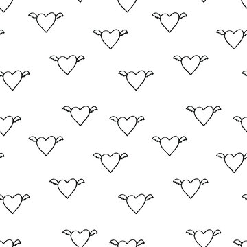 Hearts. Seamless vector pattern. Black and white contour Doodle drawing. Print for notebook covers, packaging, wrapping paper, website page