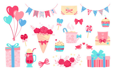 Valentine day or wedding set. Flat cartoon design. Cute gift bouquet and boxes. Lollipop drink, sweets balls decorations for celebration. Pink objects collection. Isolated vector illustration