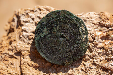 Byzantine copper coins from the reign of Emperor Justinian 1. Excavations of the winery in the ancient fortress of the 5th century in the town of Byala. Follis.