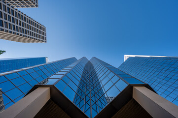 Looking up at office towers in Calgary's central financial district.