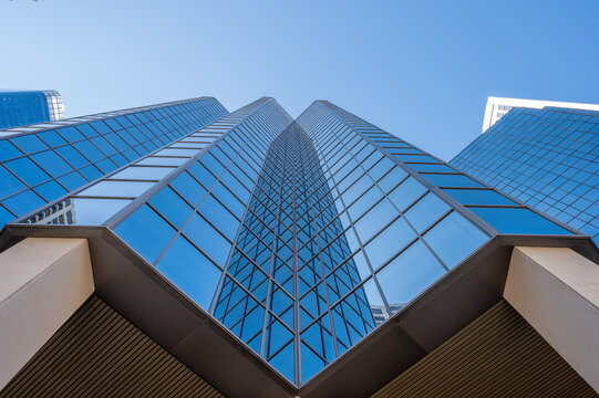 Looking up at office towers in Calgary's central financial district.