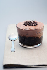 Chocolate mud pie with ice cream and chocolate chip toppings