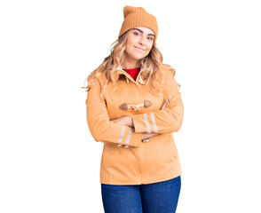 Fototapeta premium Young caucasian woman wearing casual clothes happy face smiling with crossed arms looking at the camera. positive person.