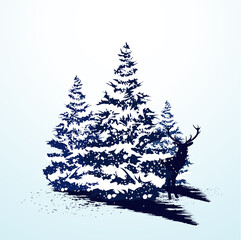 Vector grunge christmas tree and deer.