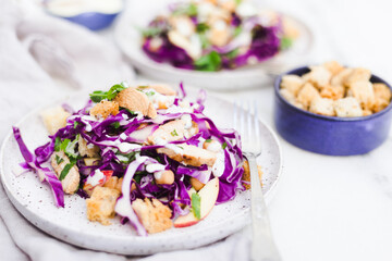 Chicken and cabbage salad with chickpea and yogurt sauce