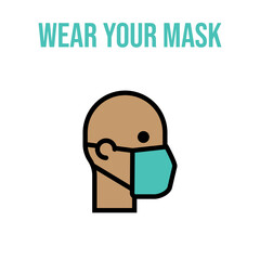 Man in face mask line icon, vector pictogram of pandemic virus prevention. Protection wear from coronavirus, air pollution, dust, flu illustration. Sign for medical equipment store. Wear your mask.