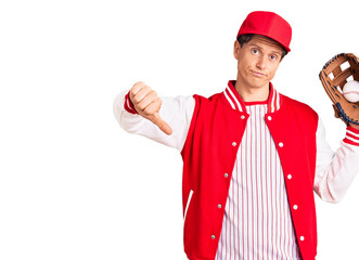 Young handsome man wearing baseball uniform holding golve and ball with angry face, negative sign...