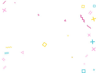 Memphis style geometric confetti vector background with triangle, circle, square shapes, zigzag and wavy line ribbons. 