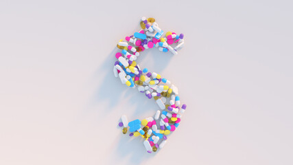 Dollar sign made of medical pills 3D render illustration