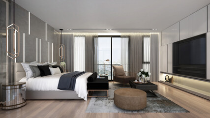 Modern luxury interior design of beautiful bedroom and tv console wall 