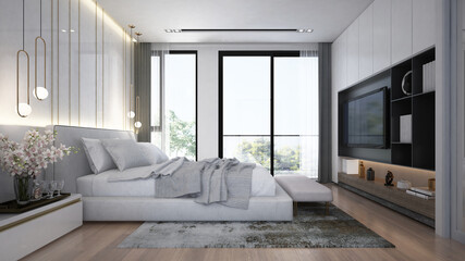 Modern luxury interior design of beautiful bedroom and tv console wall 
