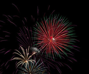 A very large and colorful firework explodes in the night sky in a celebration of freedom on the Fourth of July.