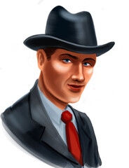 American gangster in suit tie and hat. Digital illustration