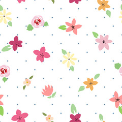 Pastel color flat design flowers with tiny blue dots background seamless pattern	
