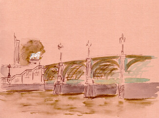 graphic colour drawing, travel sketch, Westminster Bridge over the Thames in London