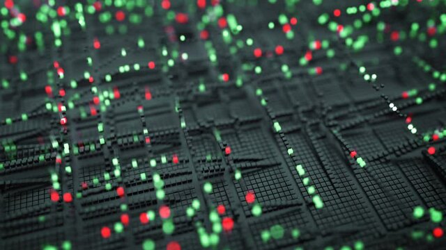 Matrix of green and red glowing cubes. Futuristic technology or science fiction concept. Seamless loop 3D render animation with DOF