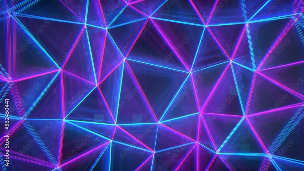 Poster neon low poly mesh with blue and pink glowing edges. 3d render seamless loop animation