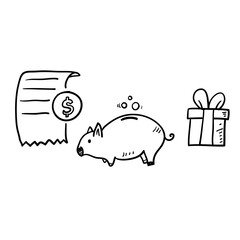 hand drawn doodle element symbol for Earn points for purchase concept, loyalty program, cash back, marketing and promotion, reward gift outline, get bonus, vector line icons