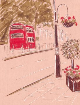 graphic color image, travel sketch, city street with red double-decker bus
