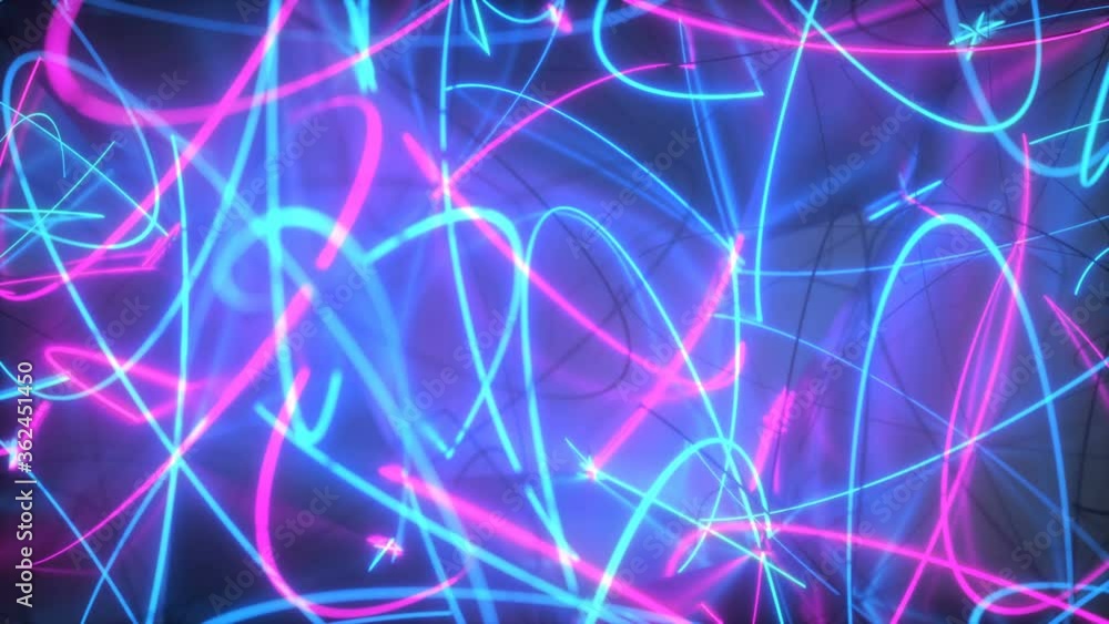 Poster neon curved glowing blue and pink curves. 3d render seamless loop animation