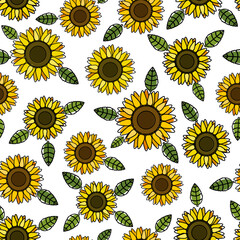 Sunflower illustration black outline and unfit yellow and orange color, over white, seamless pattern.
