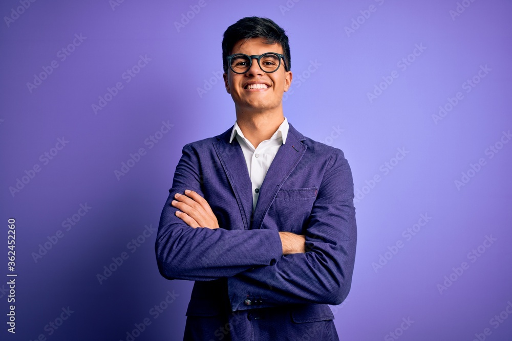 Sticker young handsome business man wearing jacket and glasses over isolated purple background happy face sm