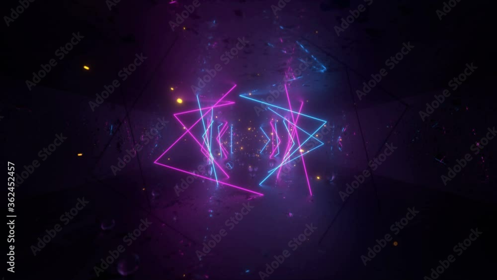 Poster futuristic tunnel with blue pink neon light. 3d render seamless loop animation