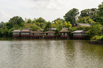 Fototapeta na wymiar View of Hachijoga-ike pond at Nagaoka-tenmangu shrine in Nagaokakyo, Kyoto Japan
