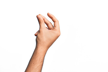 Hand of caucasian young man showing fingers over isolated white background snapping fingers for...