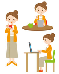 デジタルデバイスを扱う女性のイラストセット/白背景