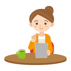 タブレットを使う女性のイラスト/白背景