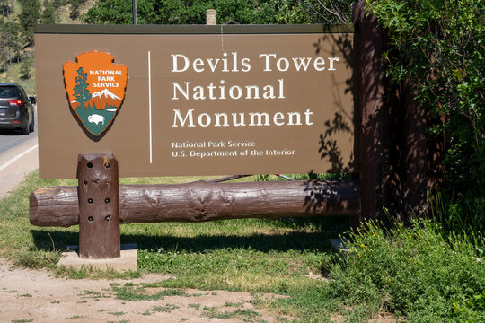 Devils Tower, Wyoming - June 23, 2020: Sign entering Devils Tower National Monument from the US National Park Service